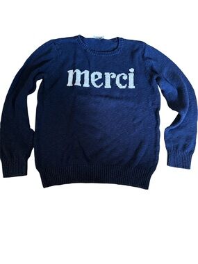 LOFT Navy Crewneck Sweater with White 'merci' Lettering